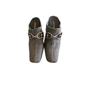 Aerosoles Cinfluence Gray Felt Slide Mules Horsebit Buckle 3" Heel Office Casual